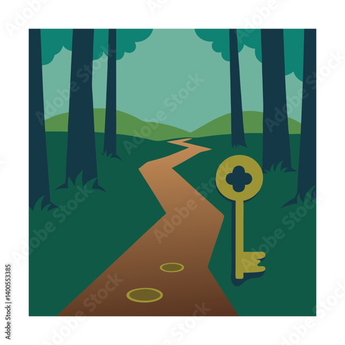 A  key lies buried on a winding path, symbolizing hidden opportunities.