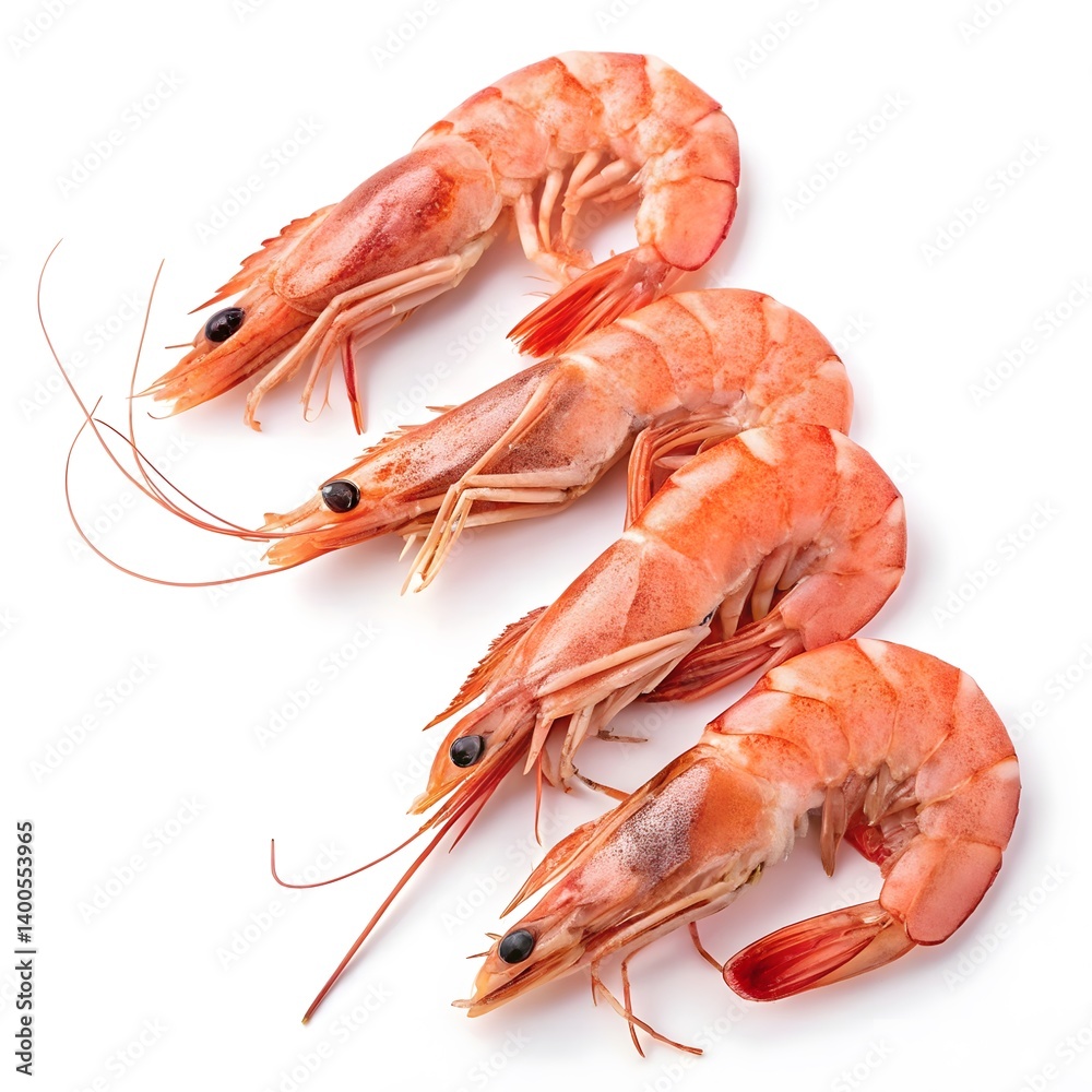 Fresh pink shrimp on white background, top view Fresh pink shrimp on white background, top view