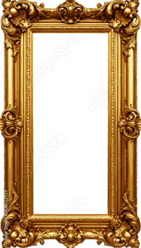 Highly ornate vertical gold picture frame in baroque style against black background