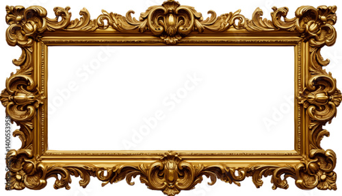 Ornate gold baroque picture frame with floral motifs against black background