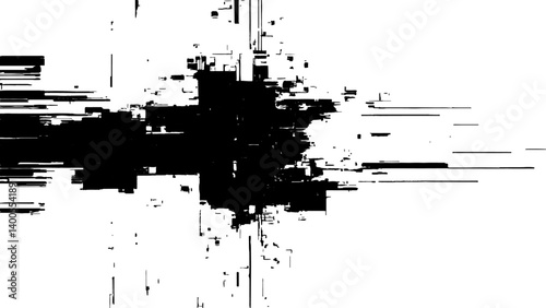 Abstract distorted black, white motion glitch overlay effect distress texture. Black grunge, white background.
