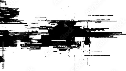 Abstract distorted black, white motion glitch overlay effect distress texture. Black grunge, white background.
