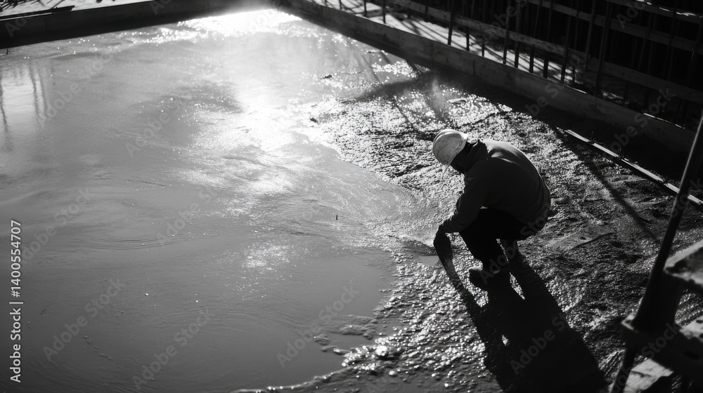 Obraz premium Construction worker laying concrete for a parking lot foundation. Featuring strength and precision