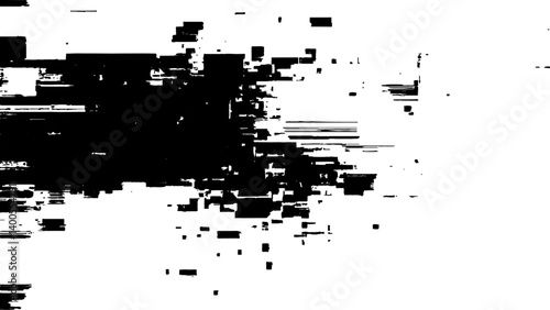 Abstract distorted black, white motion glitch overlay effect distress texture. Black grunge, white background.