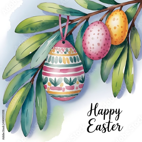 Watercolor drawing with painted eggs on a willow branch. The inscription on the drawing 
