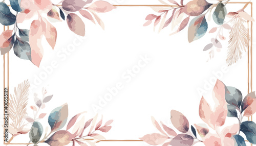 Watercolor frame of blush pink and dusty blue leaves/branches with thin gold border for decoration