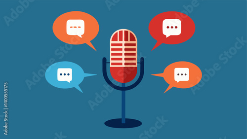 Microphone with Waves A sleek microphone with sound waves emanating from it surrounded by various speech bubbles filled with text in different languages.