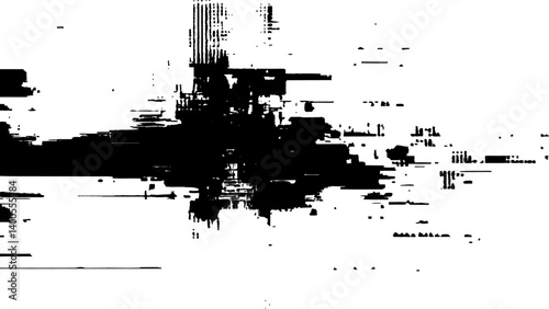 Abstract distorted black, white motion glitch overlay effect distress texture. Black grunge, white background.