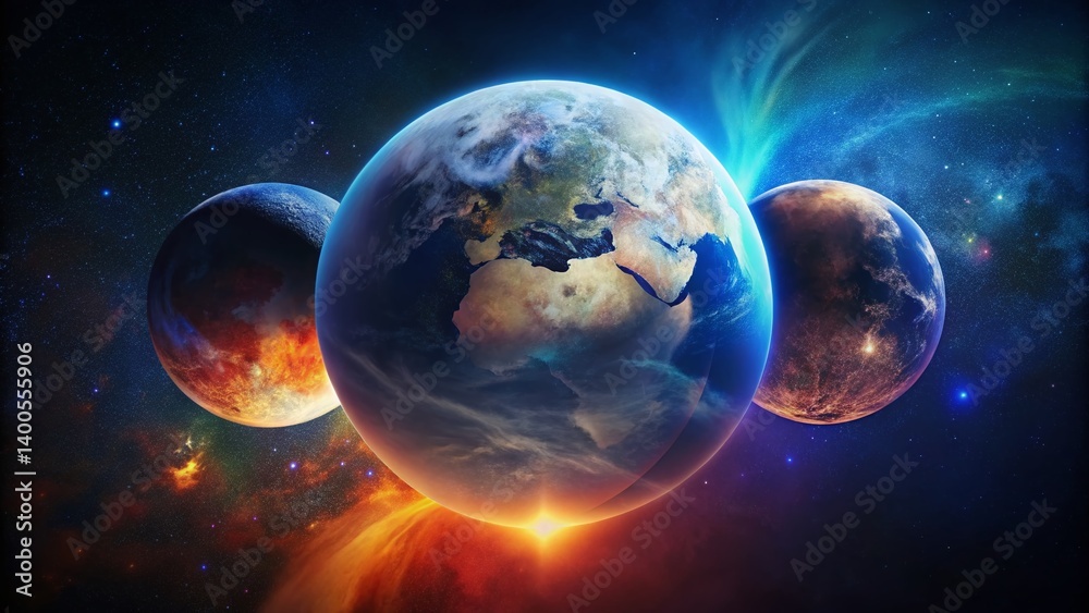 Obraz premium Double Exposure: Moon Orbiting Earth, Lunar Phases