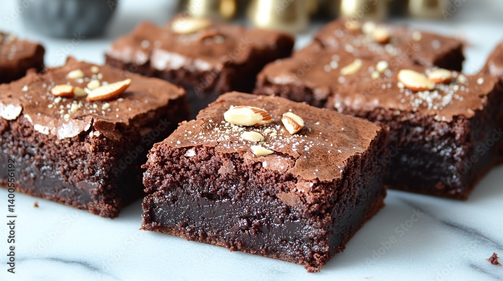 Chocolate brownies with a fudgy center and a sprinkle of almond nuts on top