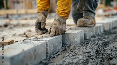 Construction worker laying foundation stones. Featuring precision and structure