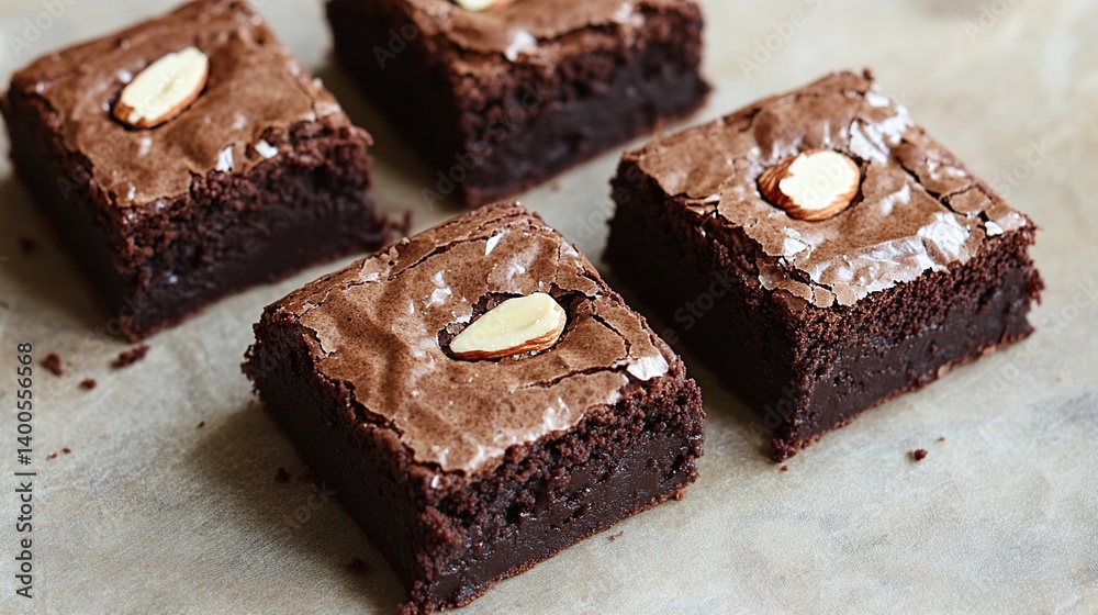 1Rich chocolate brownies with a dense fudge texture, topped with sliced almonds