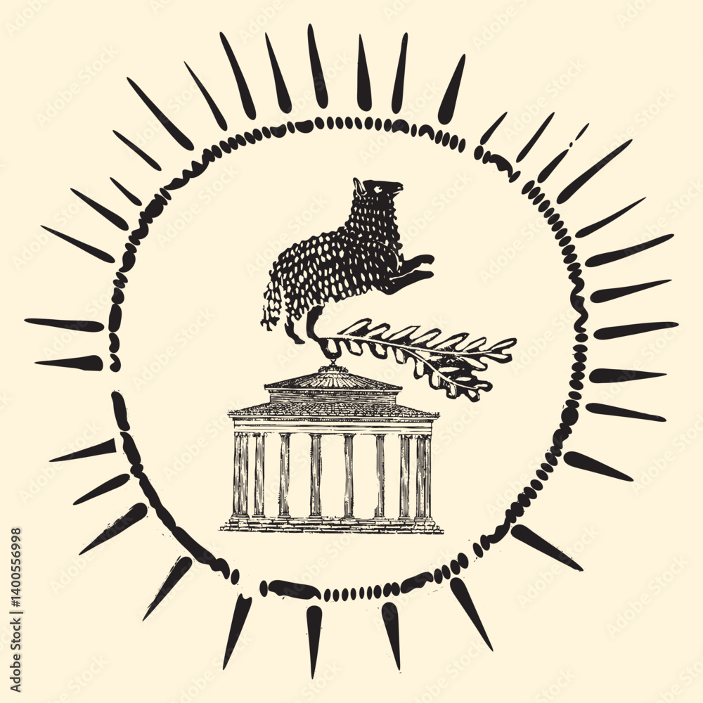 Illustration mit antiker Anmutung. Springendes Lamm über griechischem Tempel im Sonnenkreis. Vektorillustration