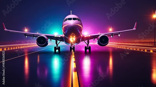 Night landing of an airplane on a vibrant runway.