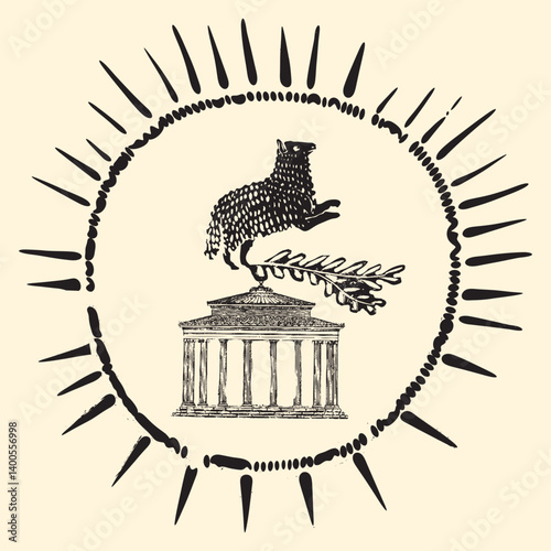 Illustration mit antiker Anmutung. Springendes Lamm über griechischem Tempel im Sonnenkreis. Vektorillustration