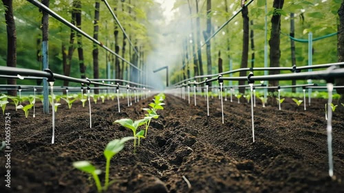 Young seedlings get watered by drip irrigation system with water dripping into the soil in a row farm in the forest.