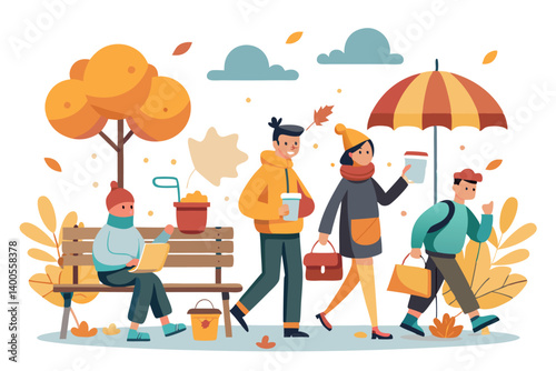 People Enjoying a Vibrant Autumn Day in a Park With Colorful Trees and Leaves