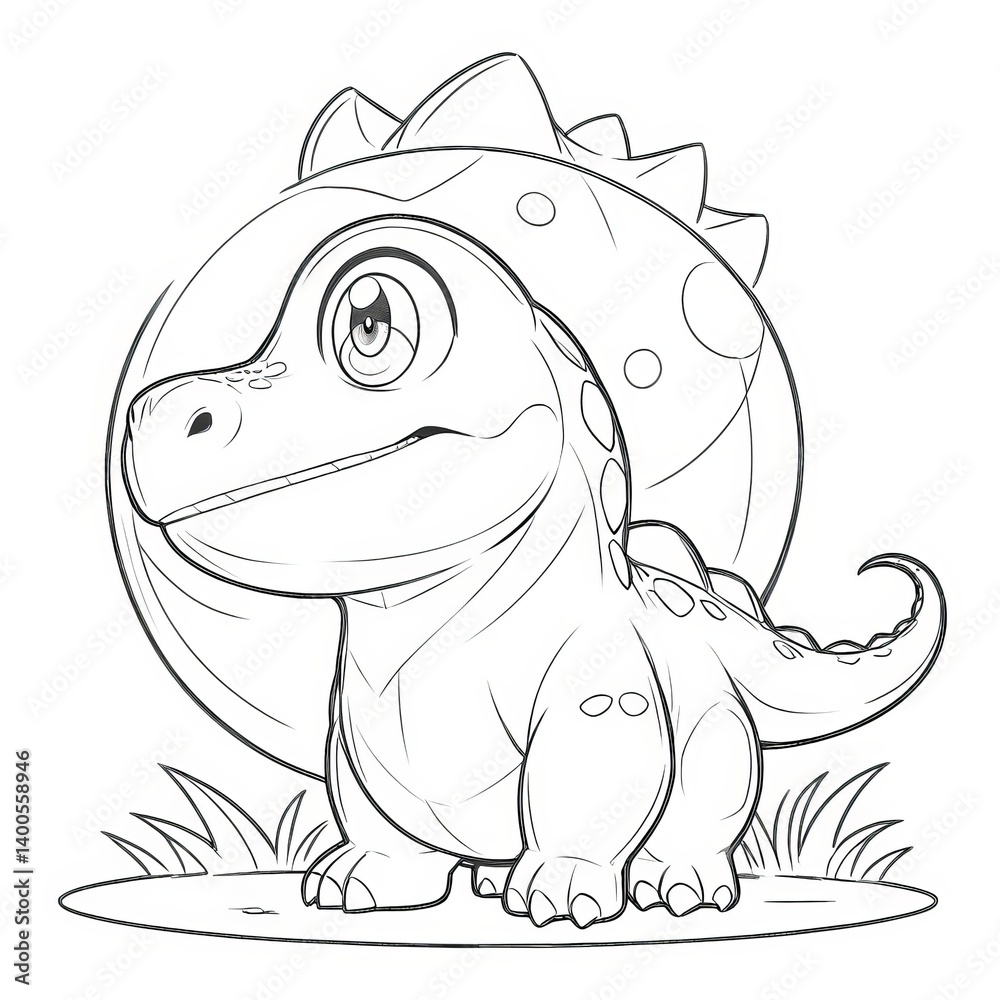 Fototapeta premium Line art coloring style, cute baby dinosaur with a large egg in the background,clean black and white outlines, no shadows, no background, coloring style for kids and adults.