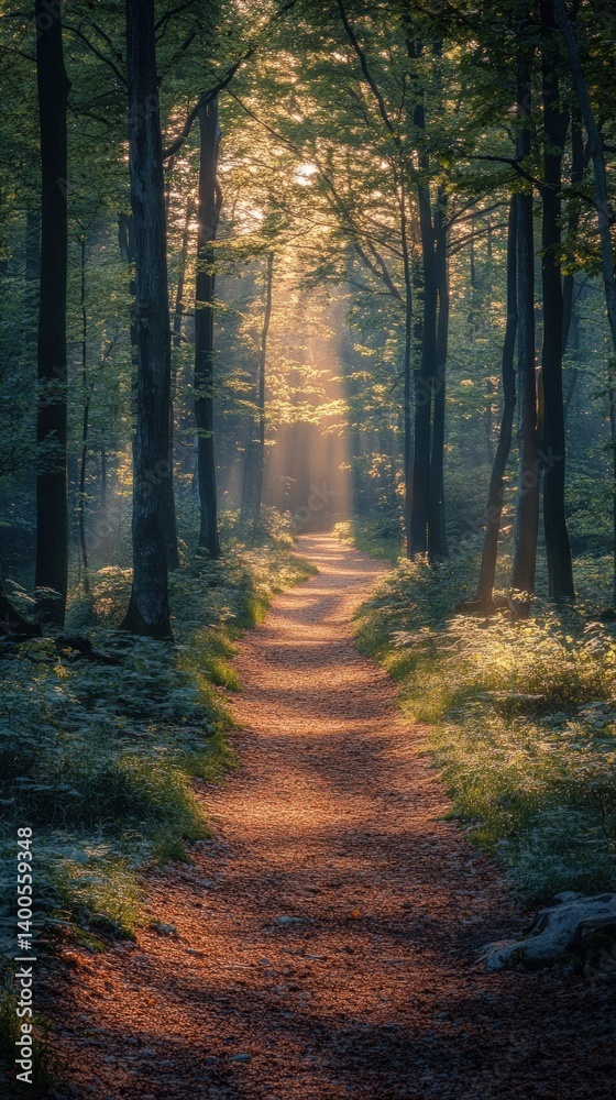 Obraz premium Forest path with tall trees and sunlight filtering through the leaves.