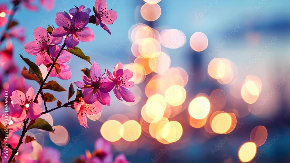 Beautiful pink blossoms in soft focus with bokeh lights.