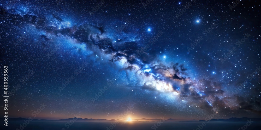 Fototapeta premium A dense cluster of stars twinkling in a dark blue night sky with the Milky Way visible as a faint glow on the horizon, surrounded by a halo of soft light , night sky, darkness