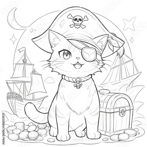 Line art coloring style, pirate cat and treasure chest,clean black and white outlines, no shadows, no background, coloring style for kids and adults.