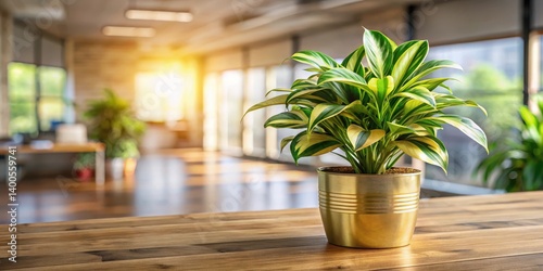 Tropical green house plant with golden variegation and curly stems on a blurred wooden desk background in a modern home office setting, blurred background, wood furniture