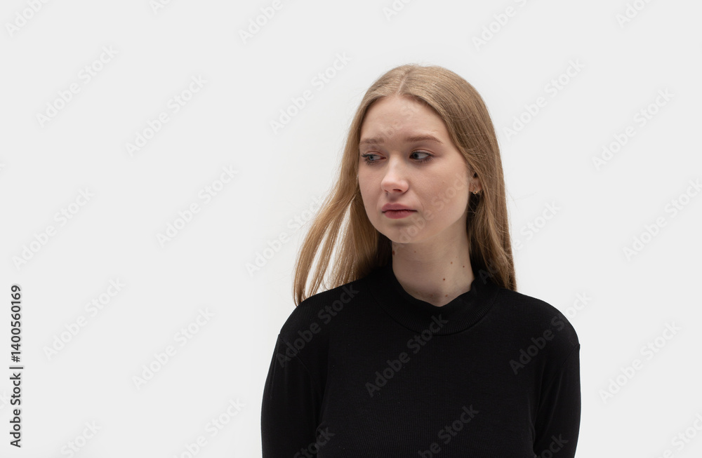 Portrait of a sad, miserable, desperate, grieving, crying blonde woman with tears eyes on a light black background during trouble, life difficulties, loss, and emotional problems. Portrait of a sad, miserable, desperate, grieving, crying blonde woman with tears eyes on a light black background during trouble, life difficulties, loss, and emotional problems.