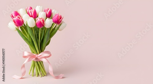 Wallpaper Mural A bouquet of vibrant pink and white tulips tied with a delicate pink ribbon, symbolizing love, spring, and elegance, presented against a soft background. Torontodigital.ca