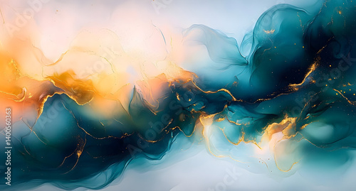 Foto Dreamy abstract art with fluid washes of blue, green, and orange hues, accented by delicate gold elements, creating an ethereal and flowing effect