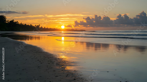 Golden Sunset Reflected on Wet Sand at Tropical Beach with Silhouette Trees and Warm Light with Cloudscape on the Horizon