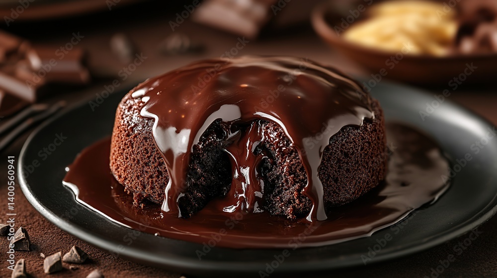 Chocolate lava cake with molten chocolate center, gooey chocolate flowing out from the cake