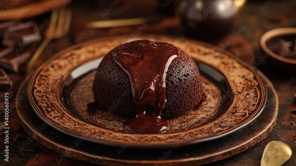Chocolate lava cake with molten chocolate center, gooey chocolate flowing out from the cake