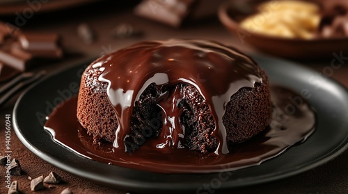 Obraz na płótnie Chocolate lava cake with molten chocolate center, gooey chocolate flowing out from the cake w salonie
