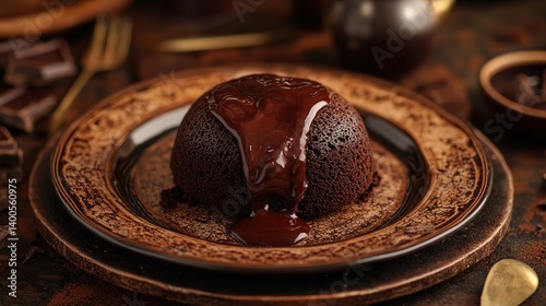 Obraz na płótnie Chocolate lava cake with molten chocolate center, gooey chocolate flowing out from the cake w salonie