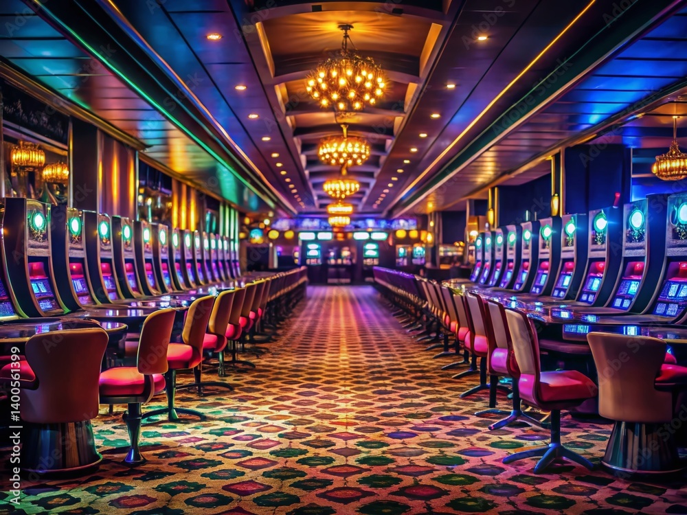 Deserted Casino at Night: Empty Gambling Tables and Slot Machines Deserted Casino at Night: Empty Gambling Tables and Slot Machines