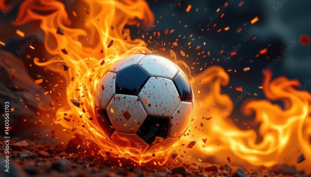 Naklejka premium A captivating composition where a football bursts through a fiery backdrop of flames and sparks.