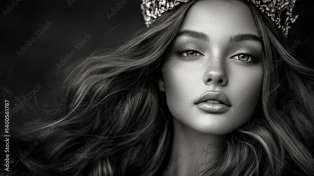Fototapeta premium Monochrome portrait of a woman wearing a crown with flowing hair.