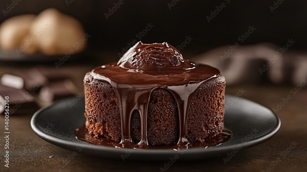 Chocolate lava cake with molten chocolate center, gooey chocolate flowing out from the cake