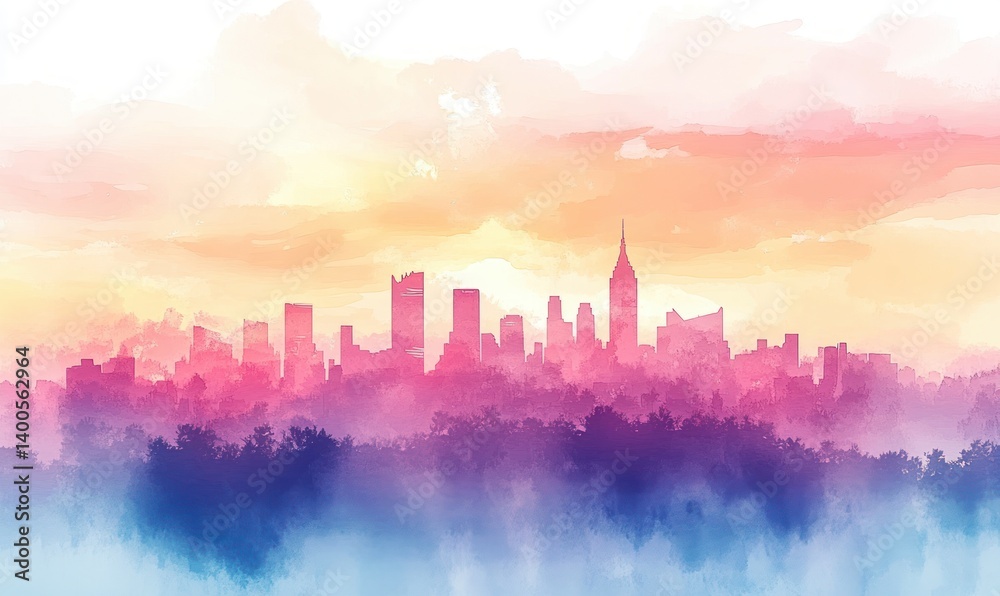 Dreamy Cityscape Silhouette Watercolor Painting Soft Pastel Colors Light Sky Fukuoka Tower