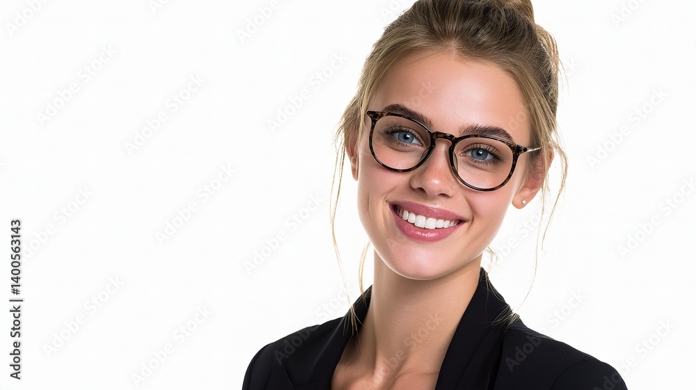 Smiling Young Businesswoman in Glasses Against White Background Smiling Young Businesswoman in Glasses Against White Background