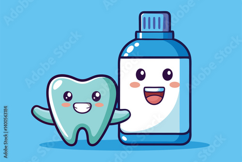 Happy Tooth Character Embraces Mouthwash Bottle on Light Blue Background