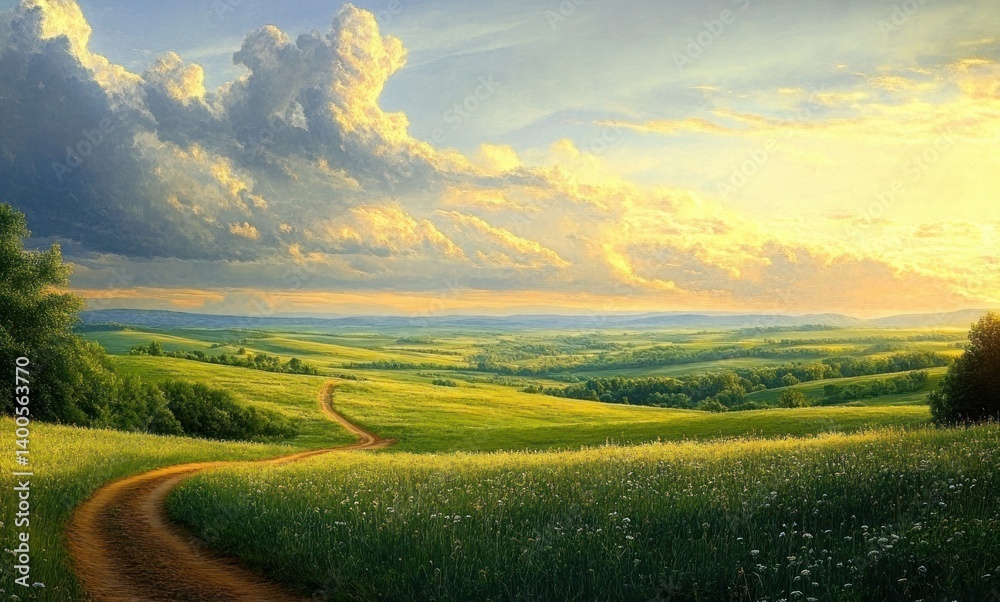 rolling green hills scenic countryside path under golden sunlight