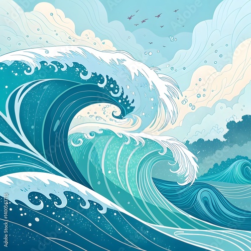 Stylized ocean waves crashing under a colorful sky, with swirling patterns and soft clouds.