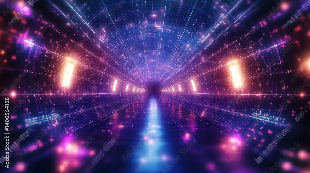 Vibrant Neon Tunnel in Cyberpunk Style Virtual Reality Experience with Abstract Geometric Design
