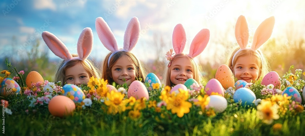 Easter Celebration with Children and Bunny Ears Preparing for Holiday Fun