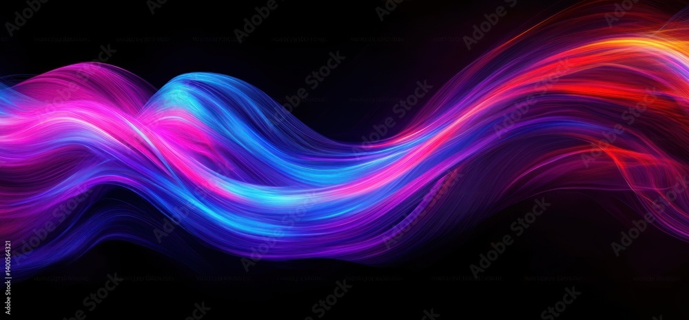 Vibrant Abstract Digital Artwork with Flowing Neon Light Streaks in Pink Blue and Purple on Black Background