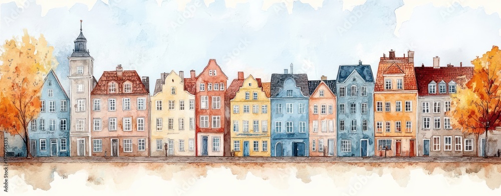 Charming European Townhouses Watercolor Landscape Dreamy Morning Light