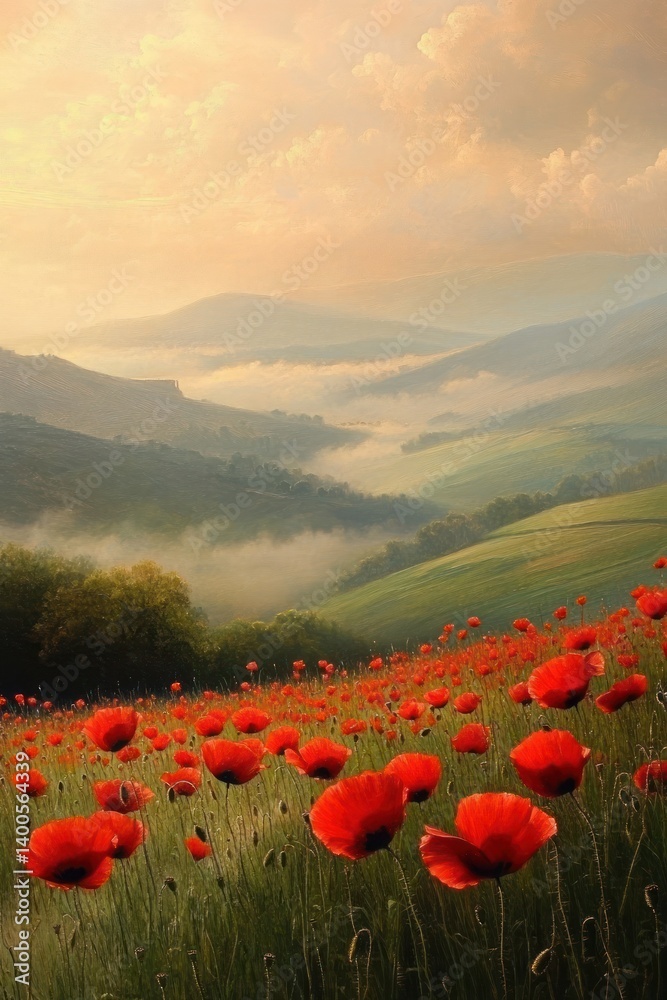 Vibrant Red Poppies in a Dreamy Landscape During Golden Afternoon Light