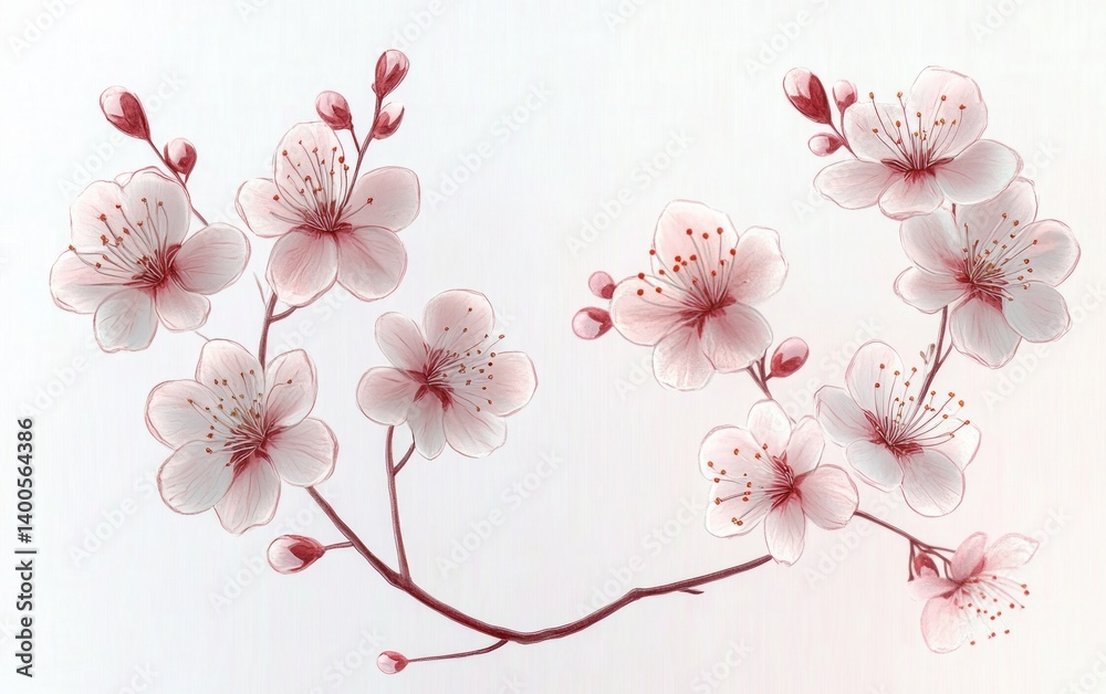 Cherry Blossom Watercolor Illustration Japanese Style Pastel Colors Natural Lighting